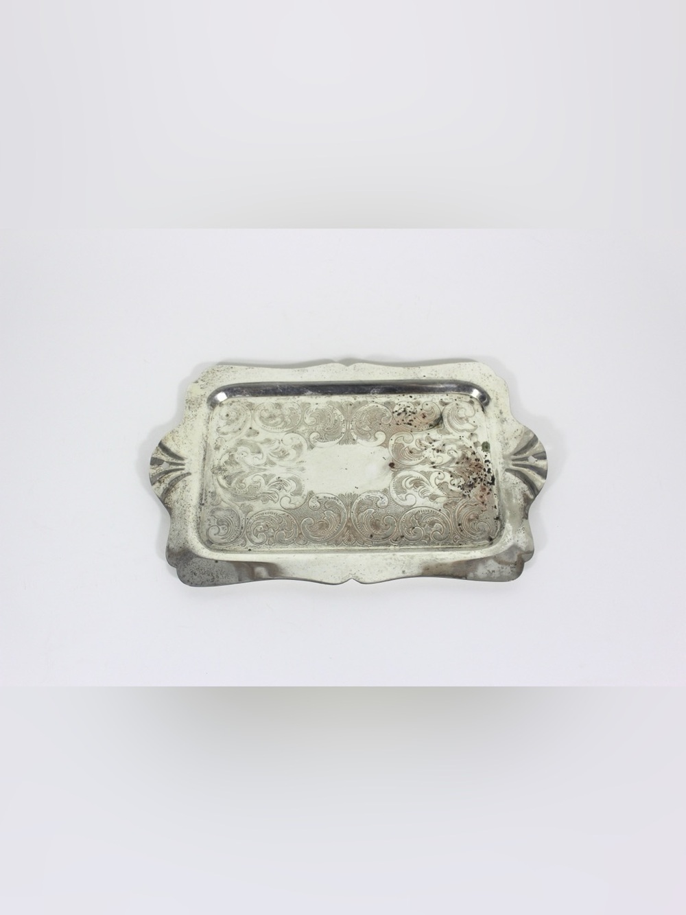 Small Vintage Silver Plated Rectangular Tray with Scalloped Edge Detail